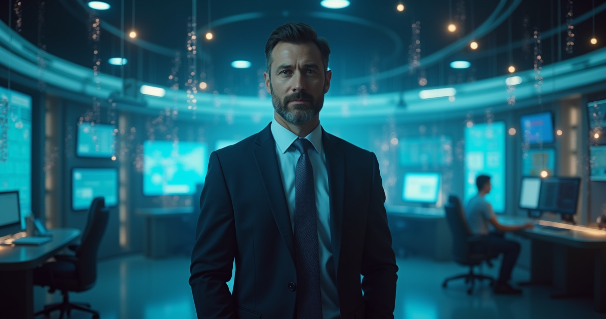 A modern executive overlooking a glowing digital control room representing enterprise AI automation strategy
