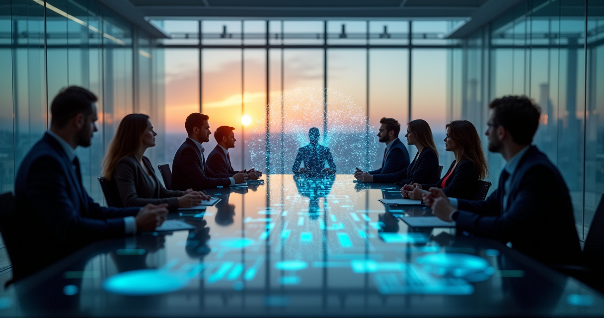 Business leaders reviewing automated workflow dashboards in a modern glass-walled boardroom