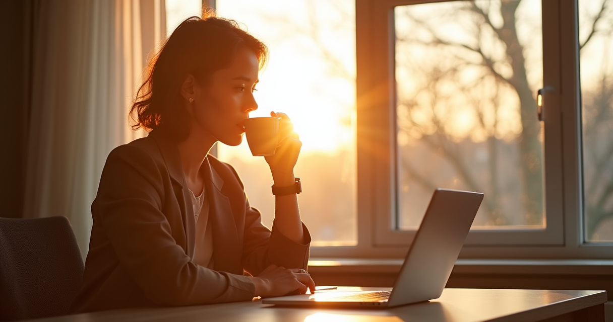 A founder waking up to a laptop showing an organized digital pipeline of qualified business leads, sunrise light in a home office