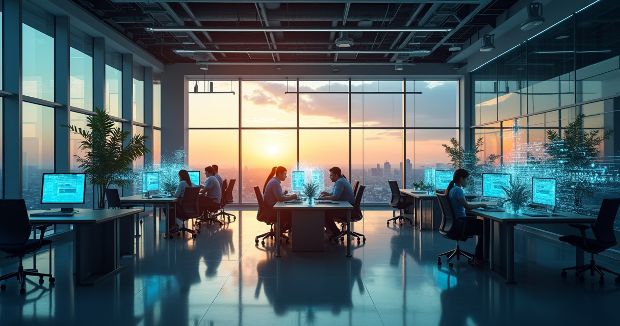 Futuristic office where autonomous AI agents and human workers collaborate seamlessly across glowing digital workflow streams