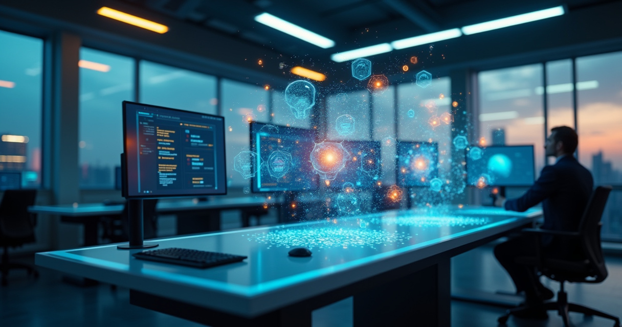 Futuristic control room showing glowing digital agent nodes coordinating across an enterprise network at dusk