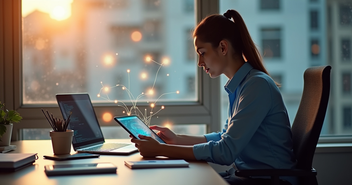 A small business owner reviewing automated workflows on a laptop in a bright modern office