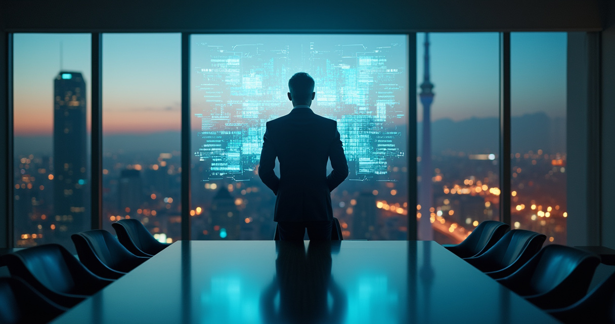 Executive reviewing digital automation dashboards in a modern corporate boardroom