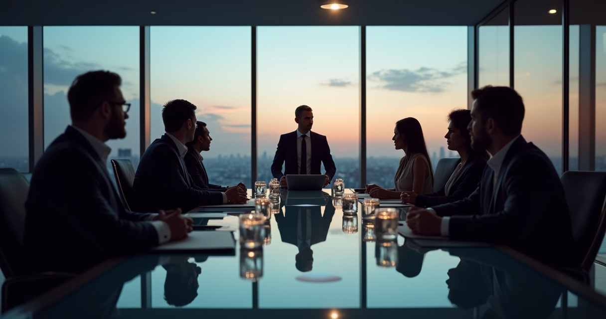 Enterprise team reviewing automated workflow dashboards in a modern glass-walled office