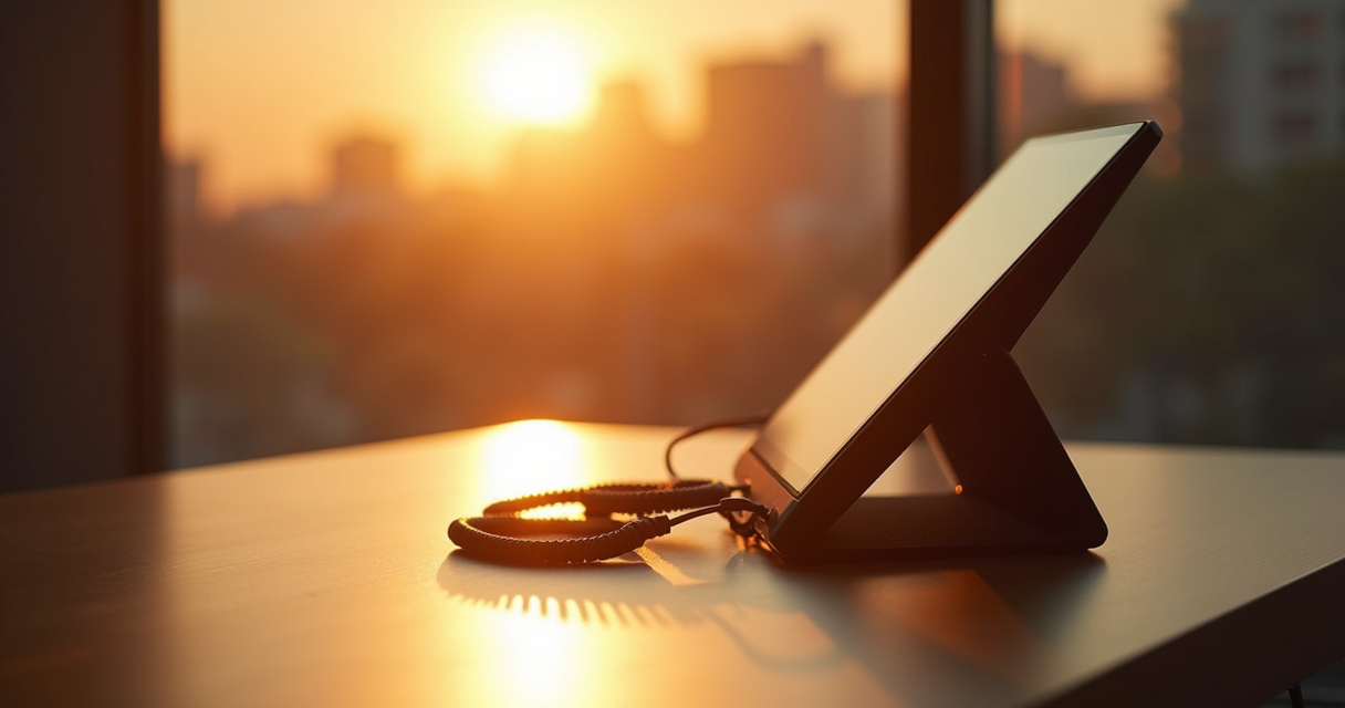 A modern office phone glowing softly beside a laptop showing a workflow automation canvas, symbolizing an AI receptionist system