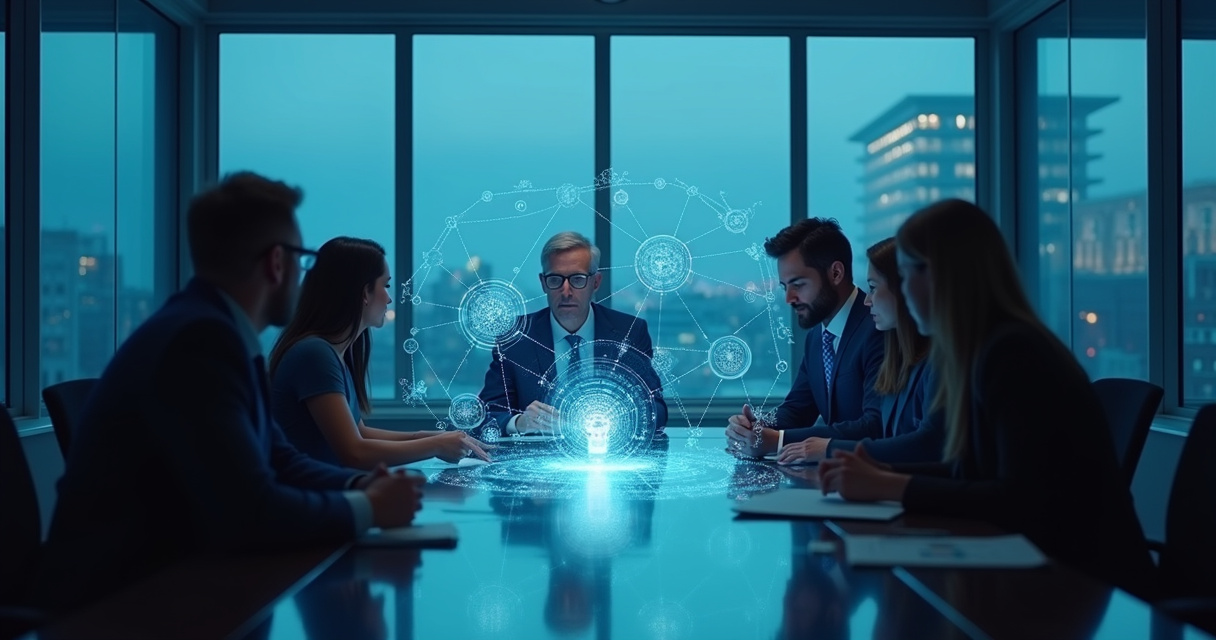 Business leaders reviewing an autonomous AI agent workflow map in a modern boardroom