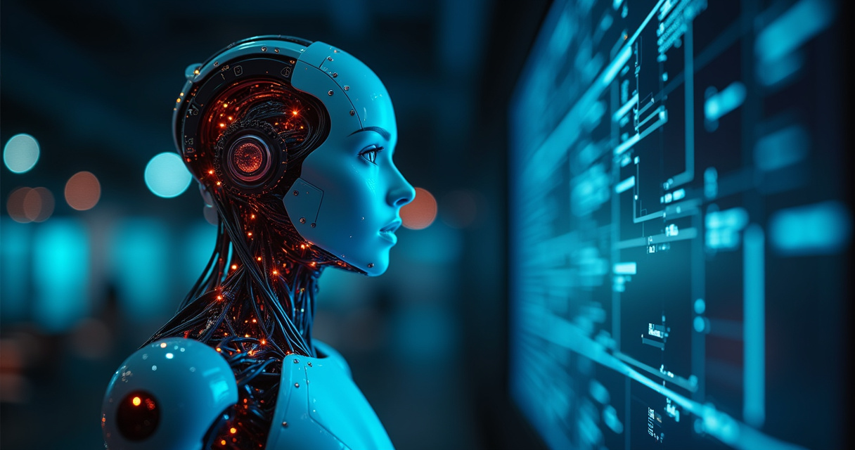 Futuristic enterprise office with AI agents collaborating alongside human workers on digital interfaces
