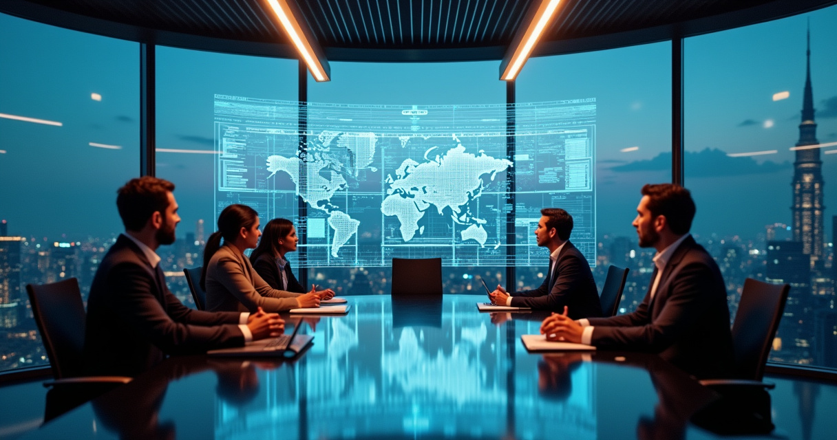 Business leaders reviewing automated workflow processes in a modern enterprise control room