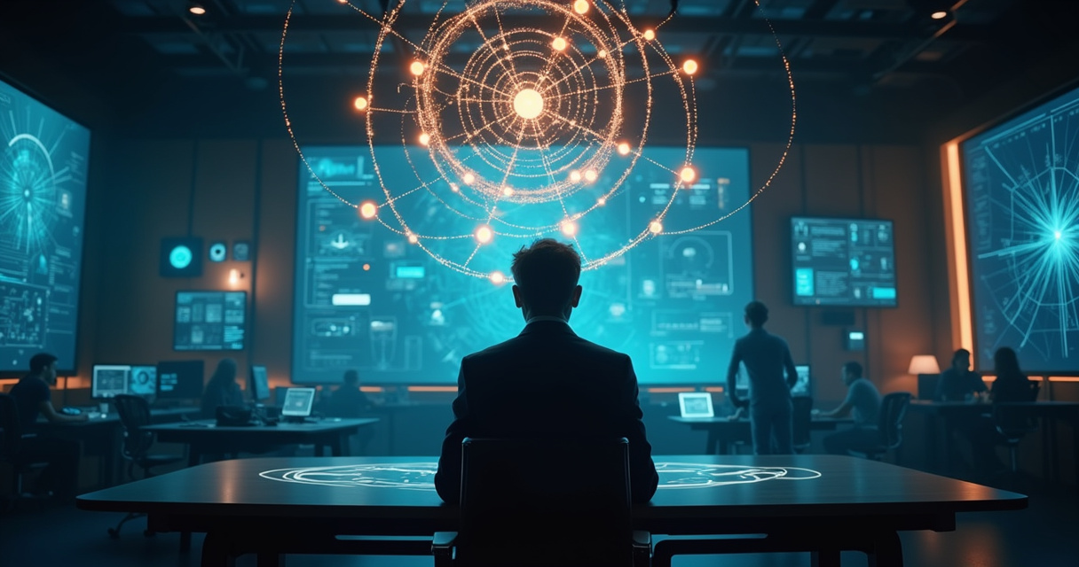 Abstract network of glowing interconnected nodes representing an orchestrated AI agent system in a modern control room