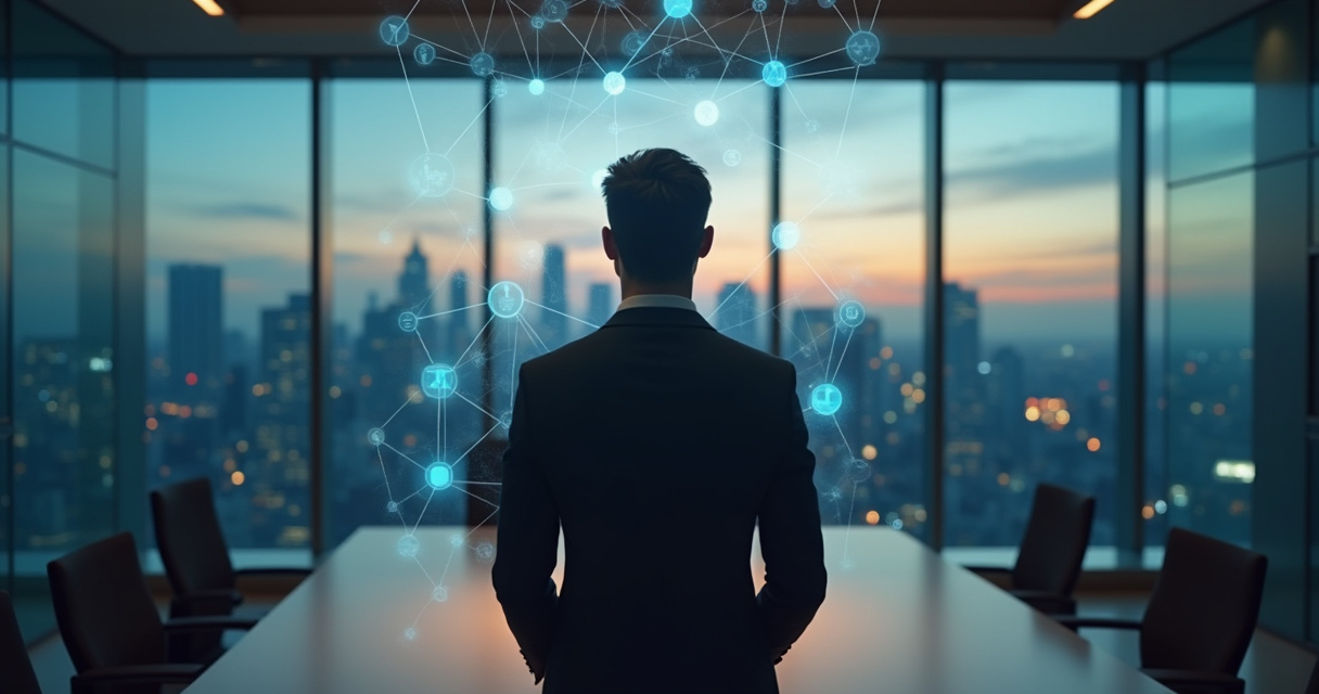 A CIO and technology leaders reviewing an enterprise AI rollout plan in a modern boardroom with holographic data visualizations