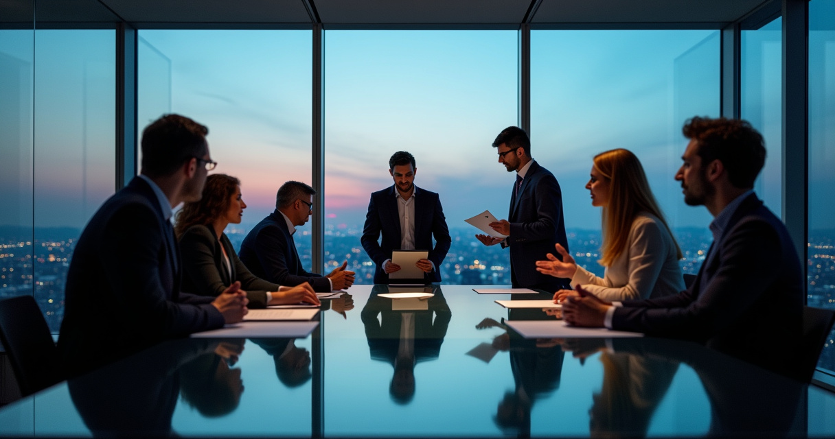 Business leaders reviewing an AI strategy roadmap in a modern boardroom with digital data visualizations projected on glass walls
