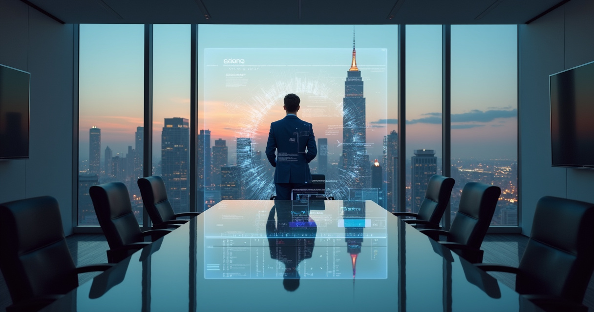 A CIO reviewing an enterprise AI strategy roadmap with executive team in a modern boardroom
