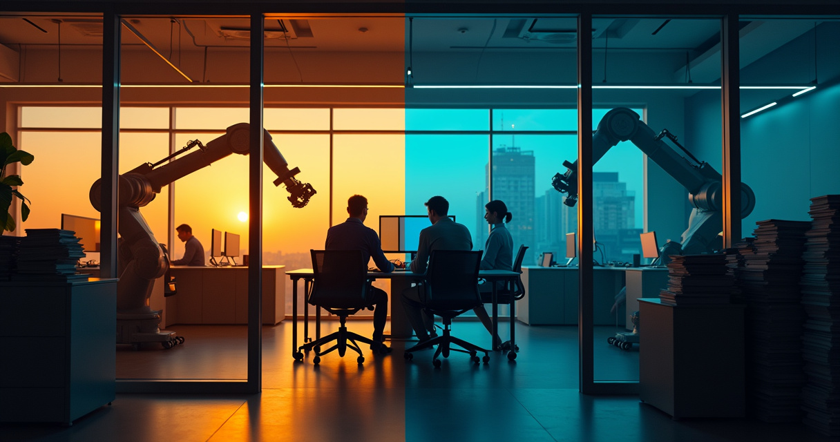 Two contrasting business environments showing modern AI-driven operations versus traditional manual workflows, symbolizing the AI adoption gap in 2025