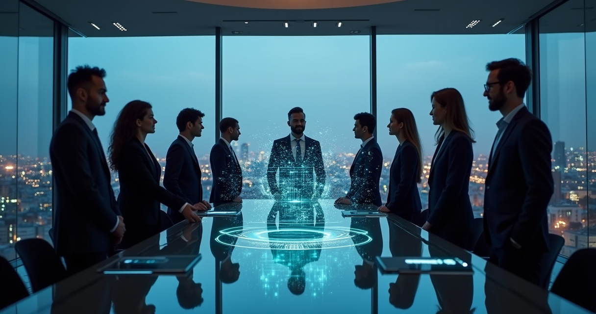 Business leaders reviewing AI investment strategy in a modern glass-walled boardroom with data visualizations projected on the wall