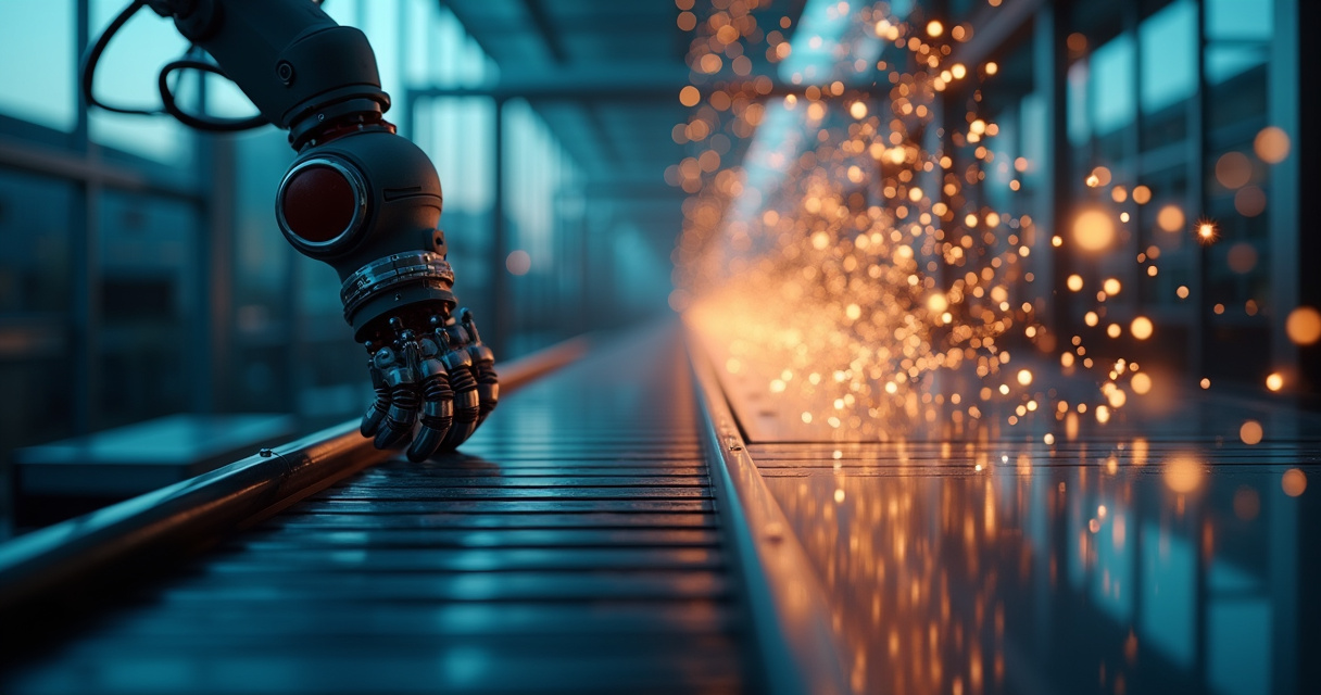 Split visual of a robotic arm on an assembly line beside a glowing neural network pattern, representing traditional automation versus intelligent AI agents