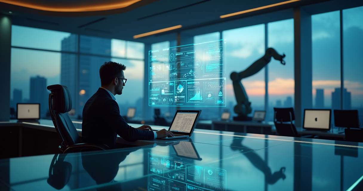 A modern enterprise operations center where robotic automation and AI-driven digital workflows converge under warm ambient light