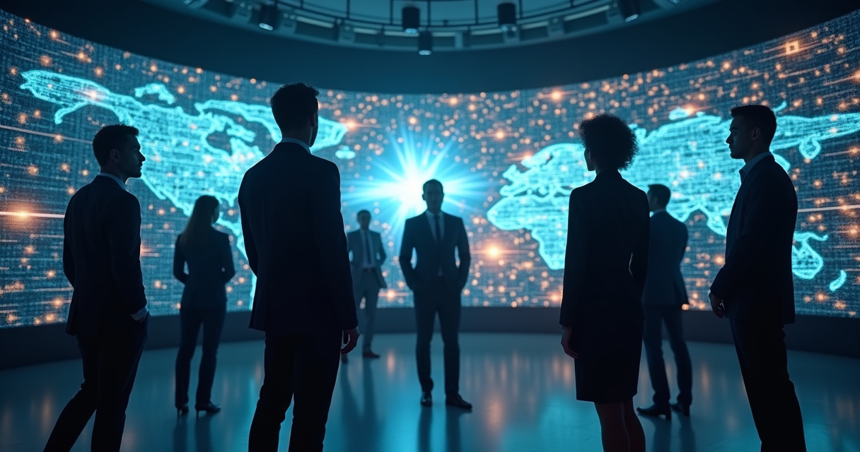 Abstract network of glowing nodes representing interconnected AI systems across a modern enterprise office