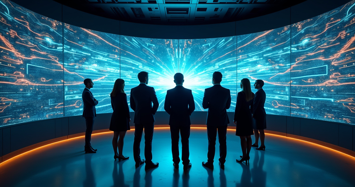 Business leaders analyzing interconnected digital process flows in a modern control room setting