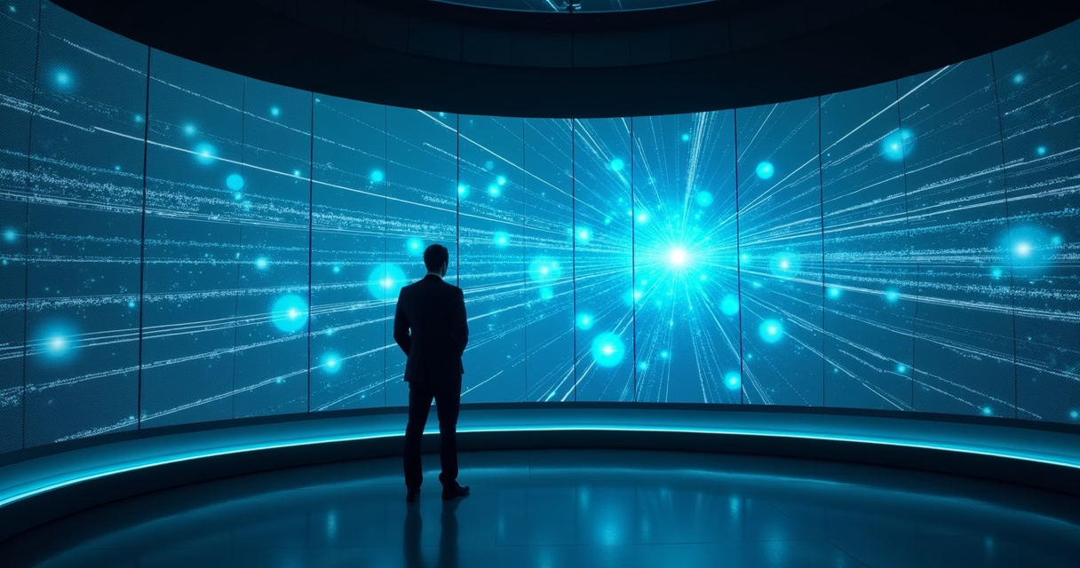 Enterprise technology leader reviewing interconnected digital systems in a modern control room setting