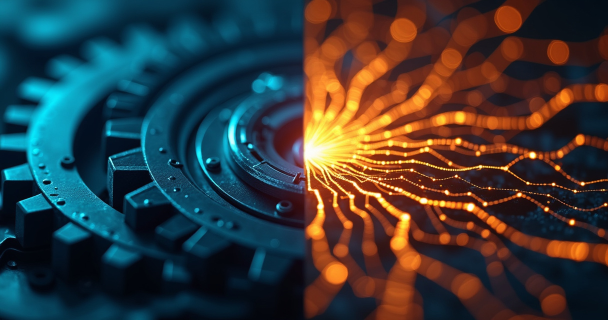Split scene showing a mechanical gear system on one side and a glowing neural network pattern on the other, symbolizing automation versus artificial intelligence