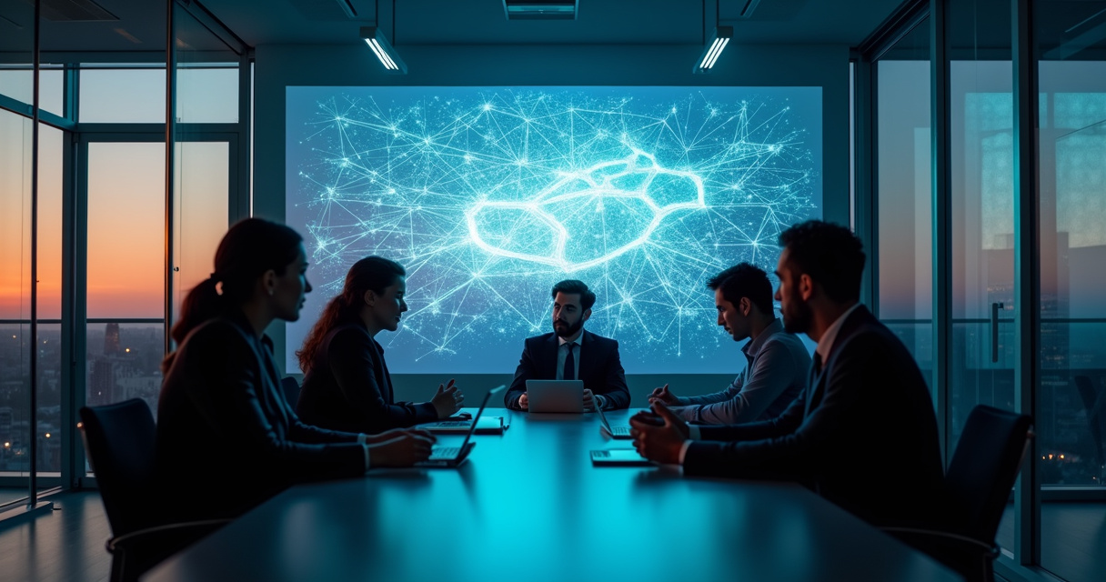 Business leaders reviewing a glowing digital workflow diagram in a modern boardroom