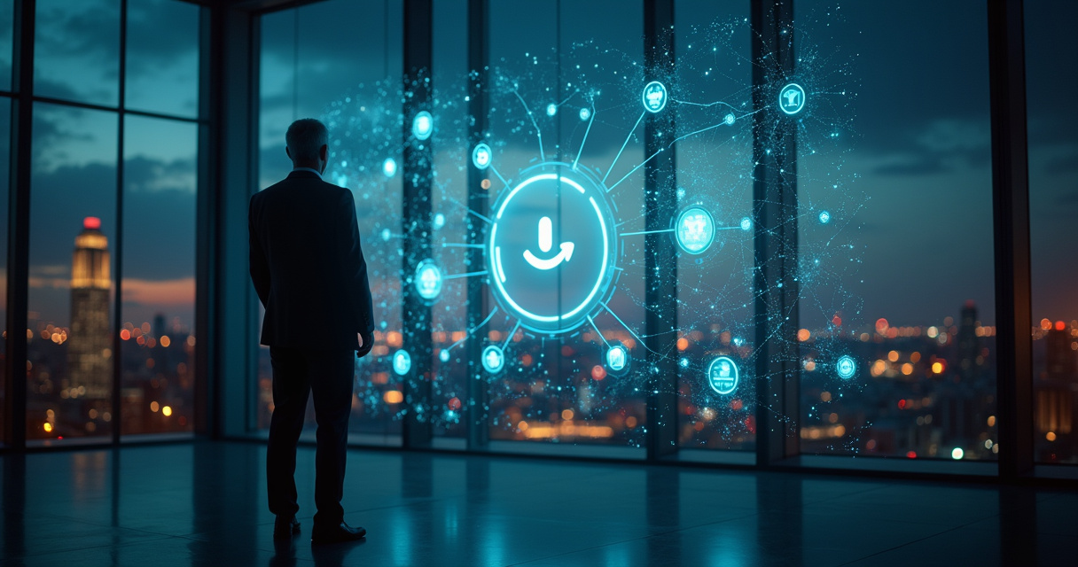 A businessperson examining a glowing digital control panel with warning indicators in a dark corporate office, symbolizing hidden compliance risk in automation