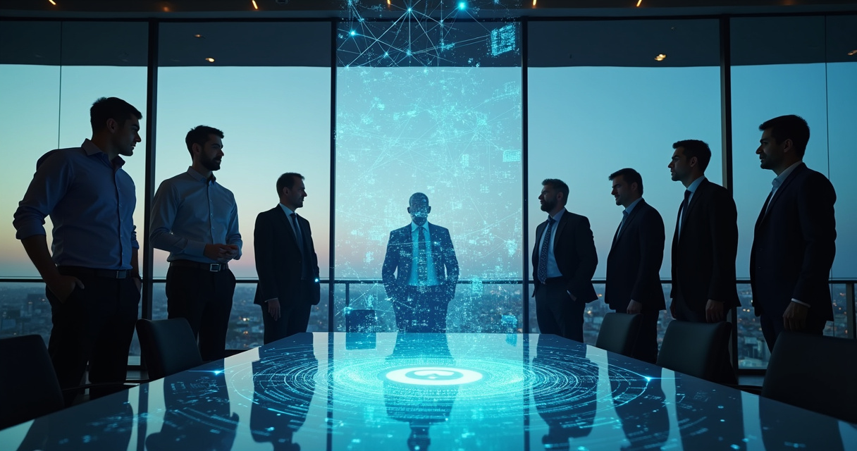 Diverse team of executives collaborating around a glowing digital network model in a modern boardroom, symbolizing enterprise AI strategy