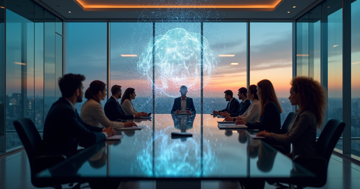Diverse team of enterprise executives collaborating around a glowing digital network visualization in a modern boardroom