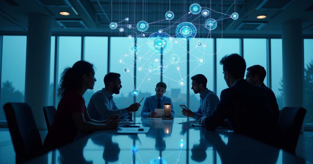 Business professionals reviewing interconnected digital workflow nodes in a modern control room, symbolizing AI orchestration across an enterprise