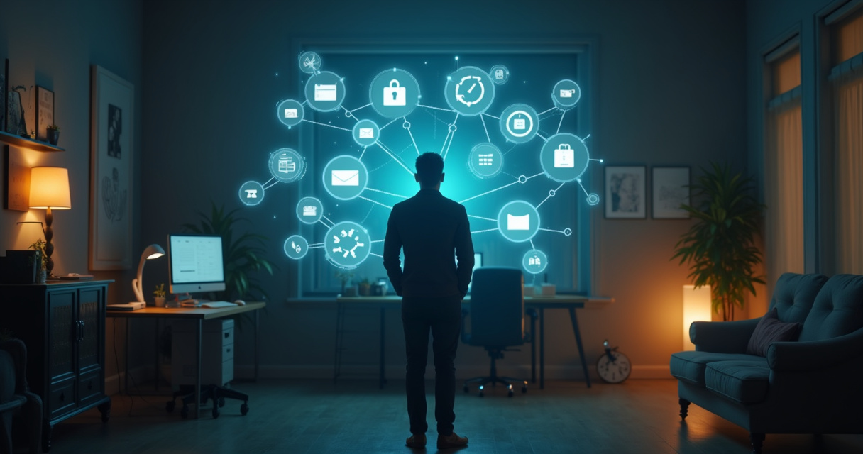 A glowing digital network connecting business icons like calendars, payments, and messages above a modern office desk at night