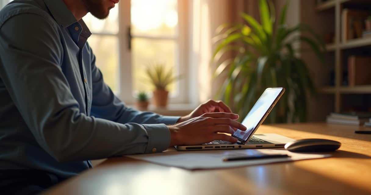 A sleek modern office desk with a phone glowing softly beside a laptop displaying an automated calendar interface, warm ambient lighting