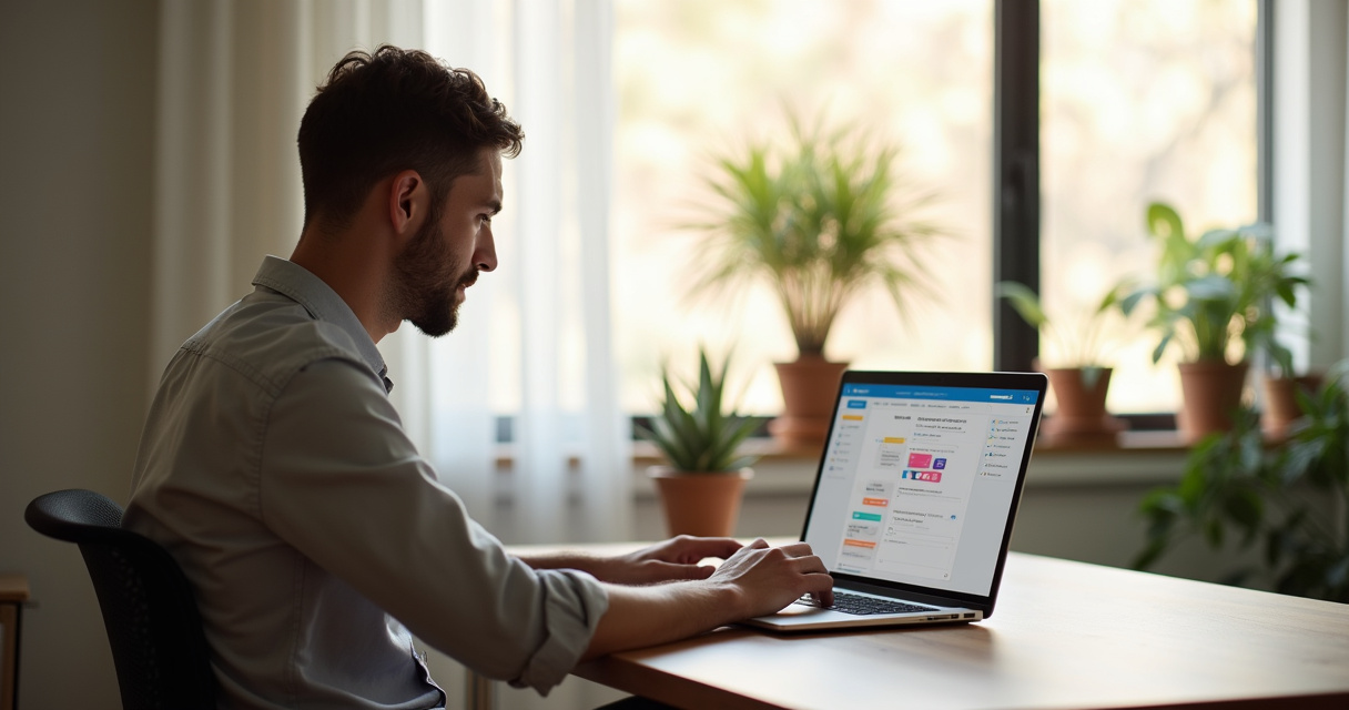 A small business owner building a custom AI application on a laptop using a visual drag-and-drop interface at a sunlit desk