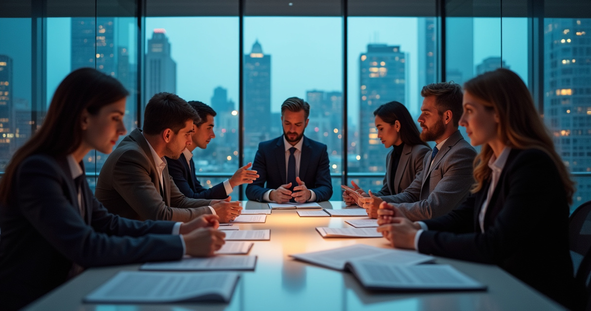 Business leaders reviewing automation cost analysis charts in a modern office boardroom