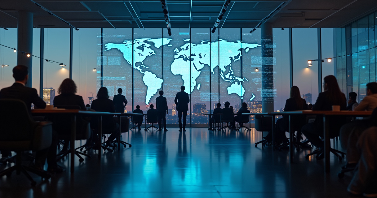 Modern enterprise operations center with automated workflow visuals and professionals collaborating around a glowing digital network