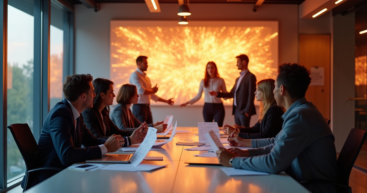 Modern office professionals reviewing automated workflow dashboards on a large screen in a bright enterprise conference room