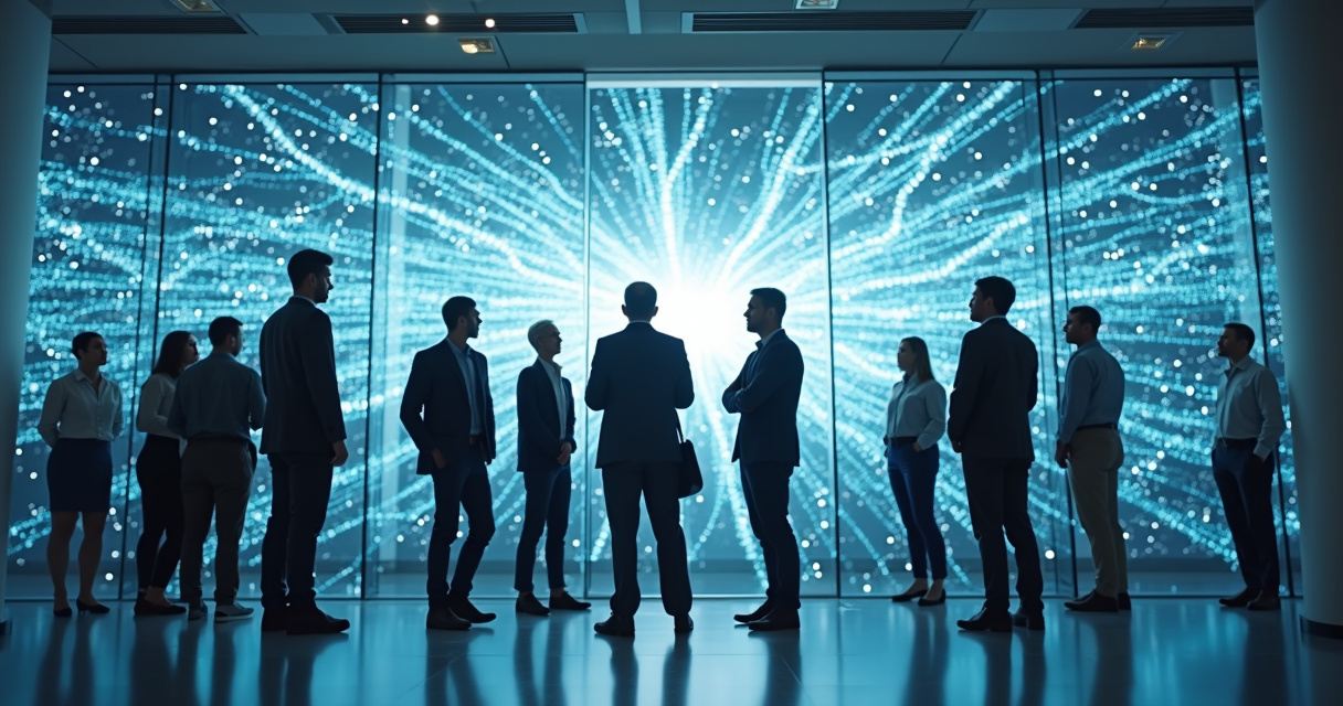 A modern office team collaborating around a glowing digital dashboard representing automated business workflows