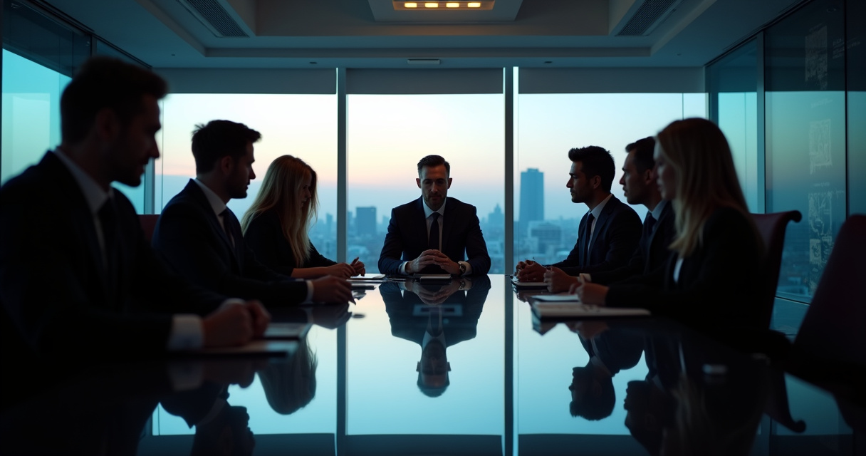 Executives reviewing an automated enterprise workflow dashboard in a modern corporate office