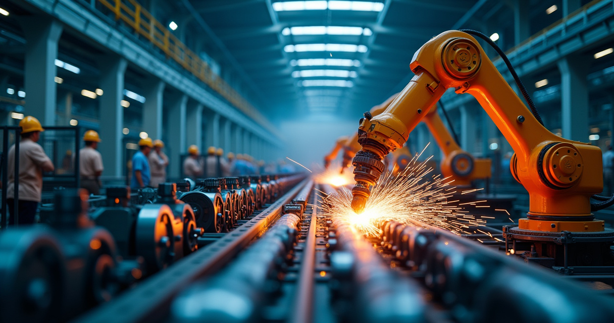 Industrial manufacturing facility with robotic arms and workers overseeing automated production lines under bright factory lighting