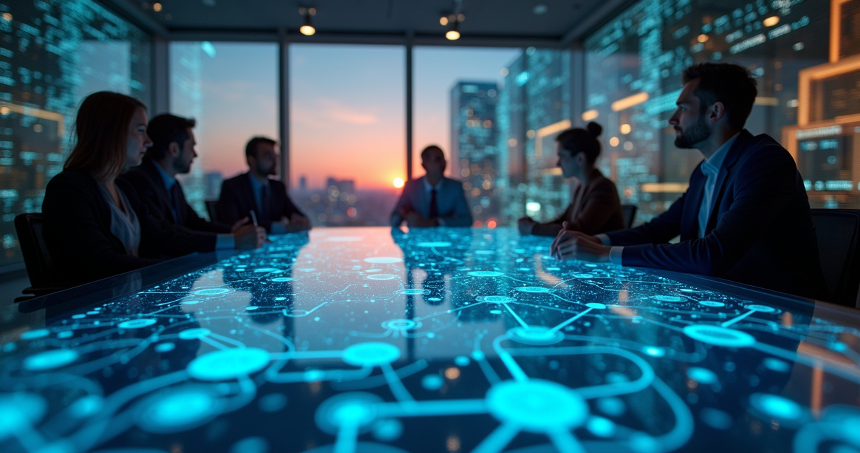 Executives reviewing interconnected process flow diagrams on a glass wall in a modern enterprise office