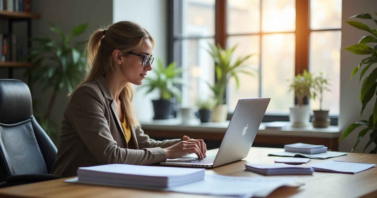 Founder reviewing a structured business plan document with AI-generated charts and strategy pages spread across a desk