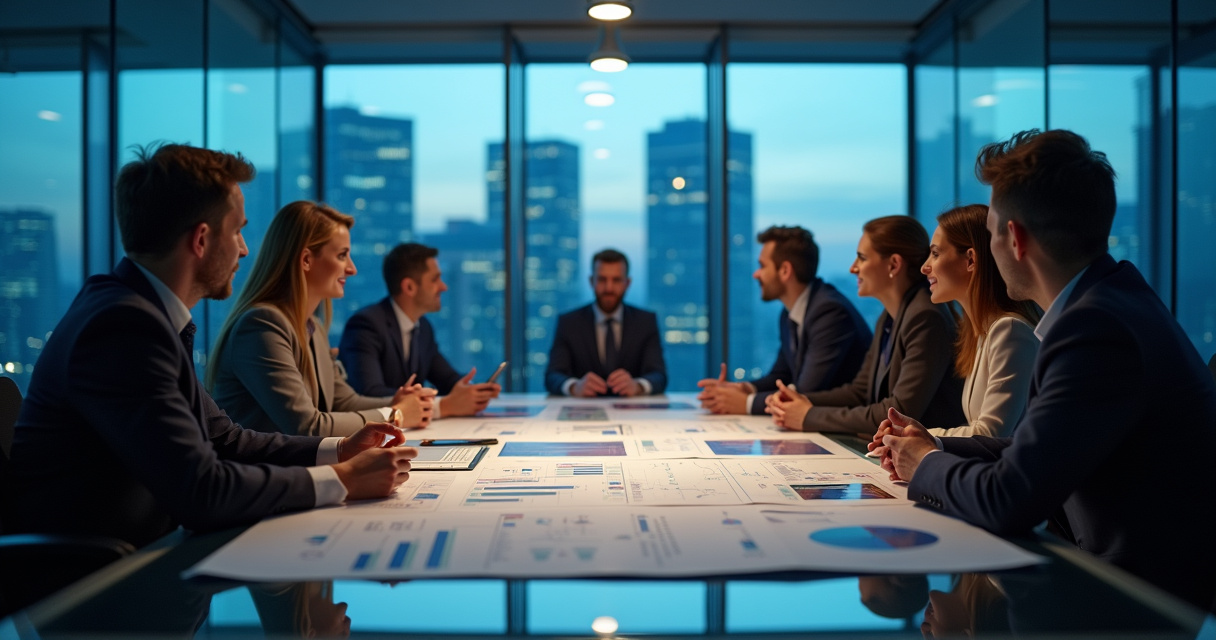 Executives reviewing financial charts and AI project budgets in a modern boardroom