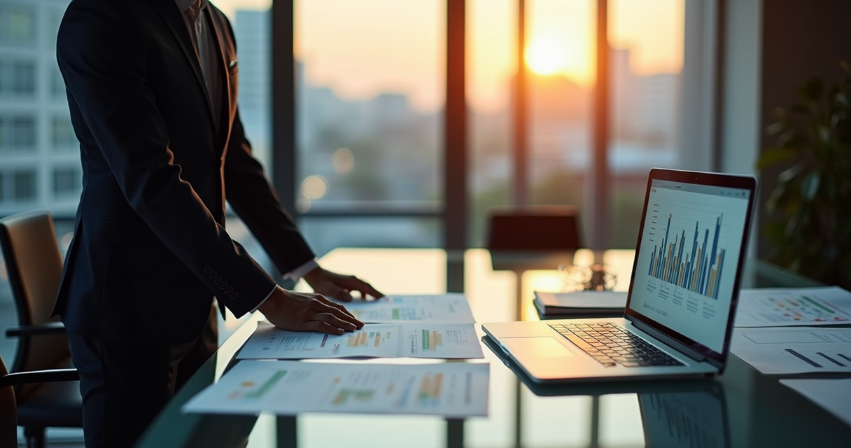 A finance executive reviewing budget charts and financial projections in a modern glass-walled boardroom at dusk
