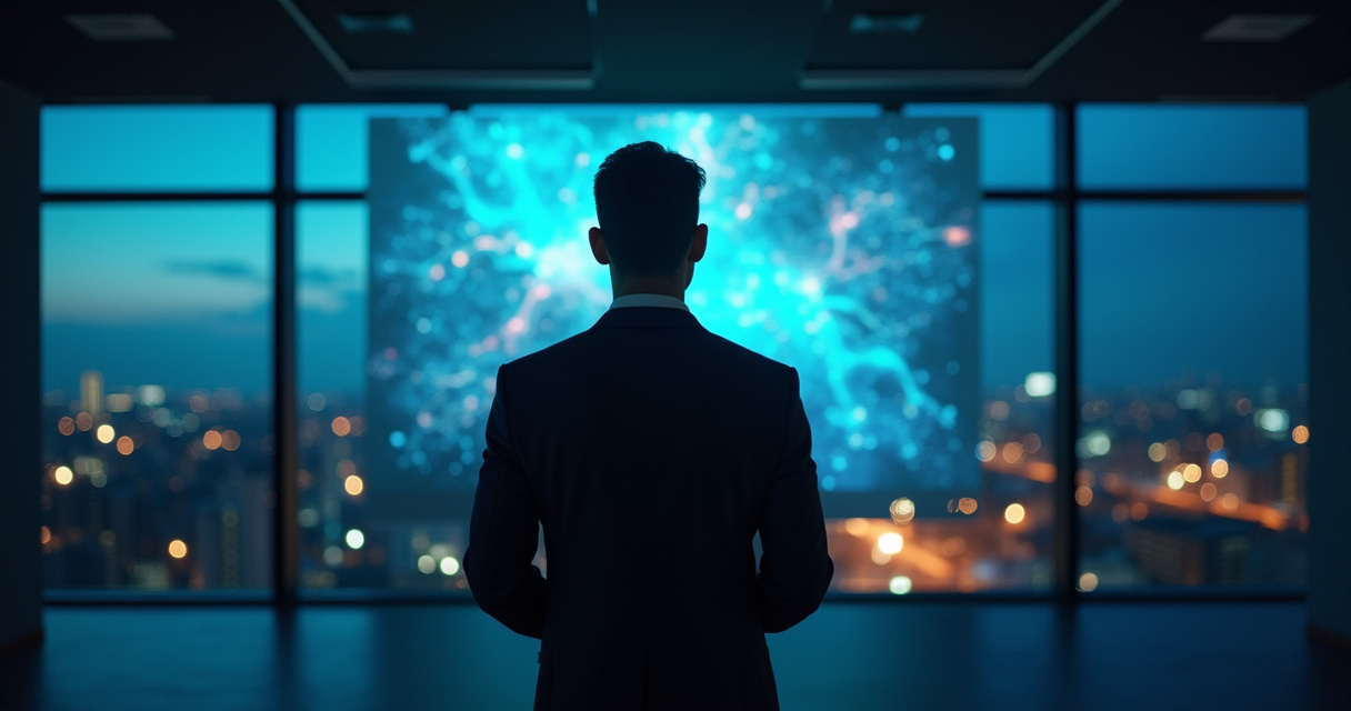 A CTO reviewing enterprise AI infrastructure diagrams in a modern glass-walled office at dusk