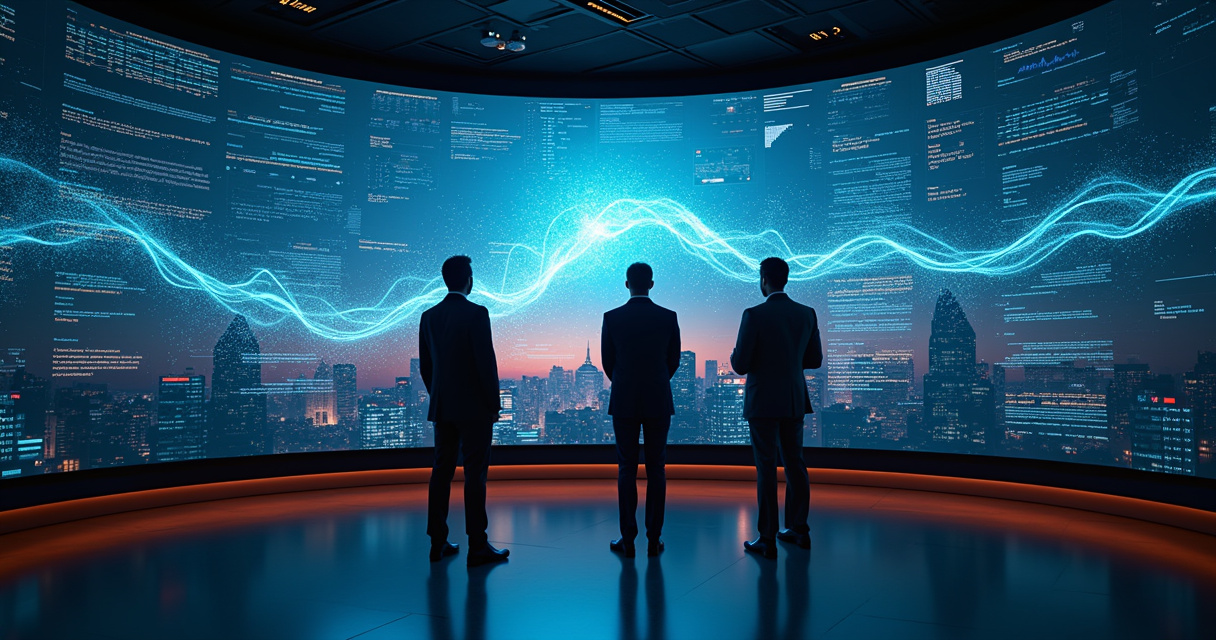 Enterprise executives reviewing an autonomous workflow control room with holographic process visualizations