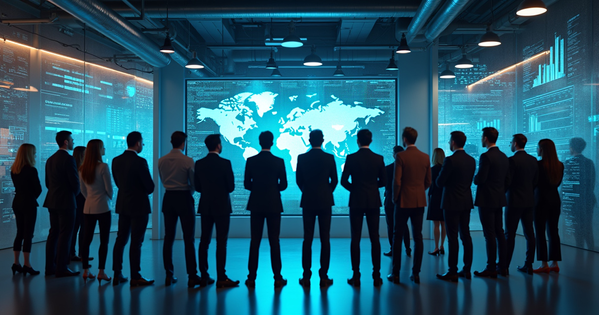 Business leaders reviewing an autonomous workflow dashboard in a modern enterprise operations center