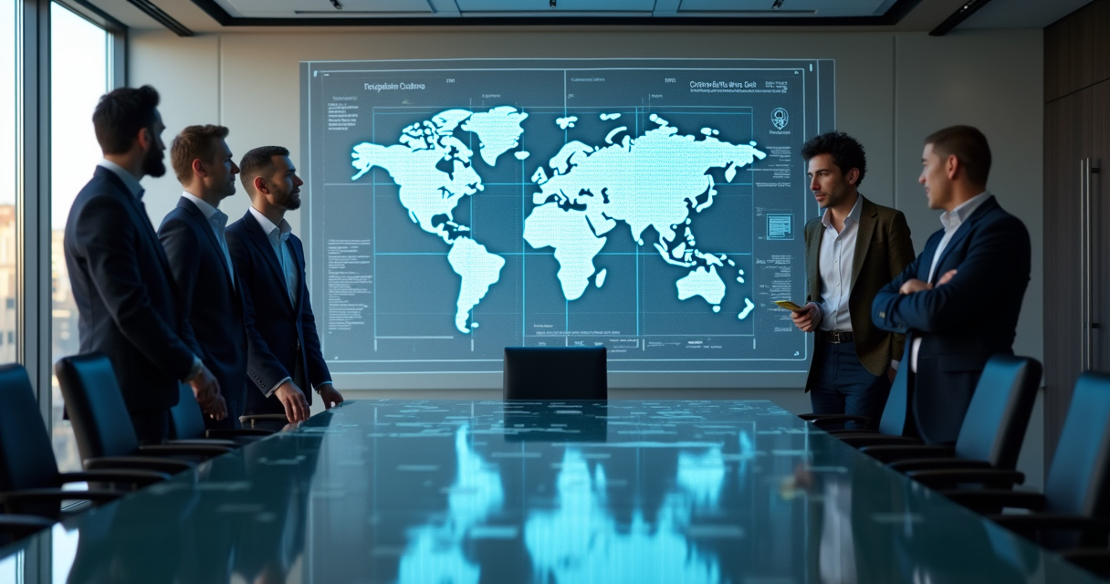 Business leaders reviewing an AI governance framework in a modern boardroom with digital data visualizations