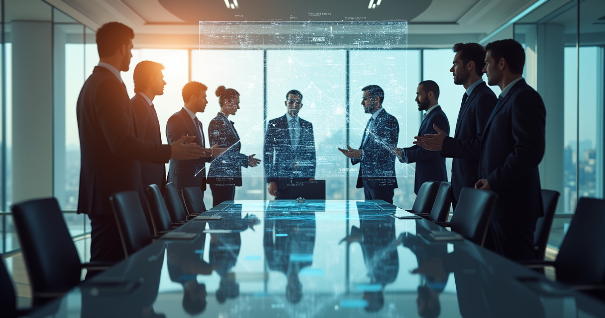 Business leaders reviewing an AI governance framework in a modern boardroom with data visualizations projected on the wall