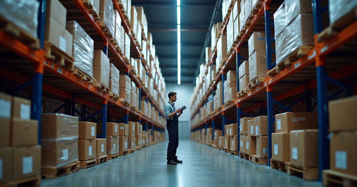 Warehouse workers and robotic AI systems collaborating to process logistics shipments in a modern distribution center
