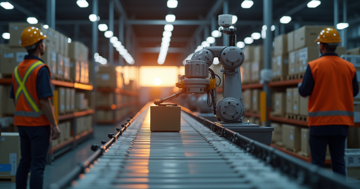 Warehouse worker overseeing an automated fulfillment line with robotic arms sorting packages under bright industrial lighting