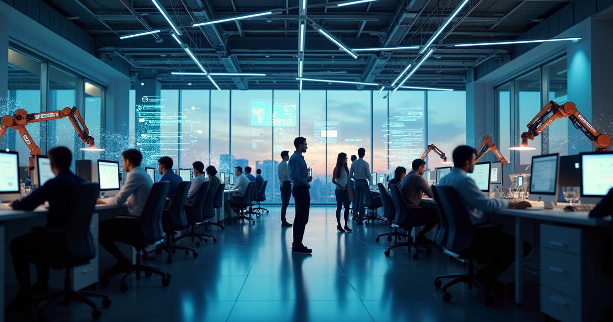 Autonomous AI agents coordinating enterprise workflows in a futuristic control room with holographic data streams